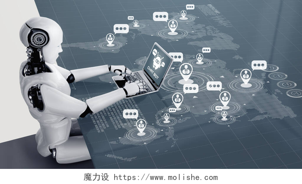 一个机器人在用计算机跟客户聊天人工智能机器人使用计算机与客户聊天。聊天机器人的概念